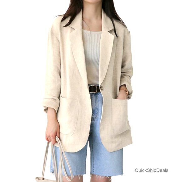 Linen Blend Blazer Long Sleeve Notch Collar Casual Lightweight Standard Fit